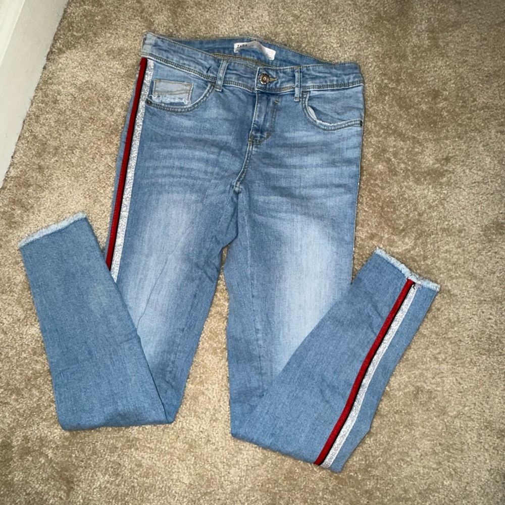Zara Light Blue Skinny Jeans with Red Stripe